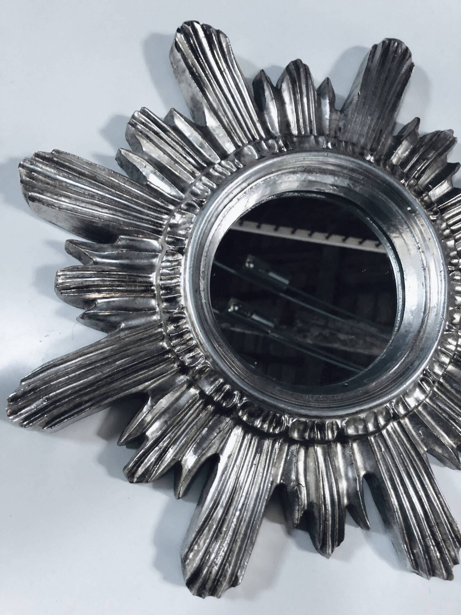 Wall Sun Mirror • Large Model • Carved Wood • Silver • 1960-70