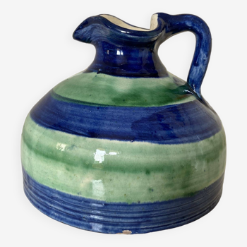 Petite Cruche ou Vase Ancienne Fait à la Main - Porterie Artisanale Rayée Bleue et Verte