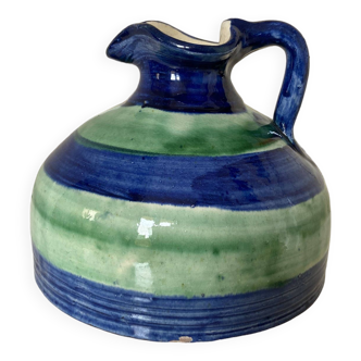 Small Old Handmade Jug or Vase - Blue and Green Striped Artisanal Porterie