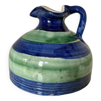 Petite Cruche ou Vase Ancienne Fait à la Main - Porterie Artisanale Rayée Bleue et Verte