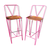 Pair of stools high bar stools metal and pink leather