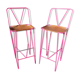 Pair of stools high bar stools metal and pink leather
