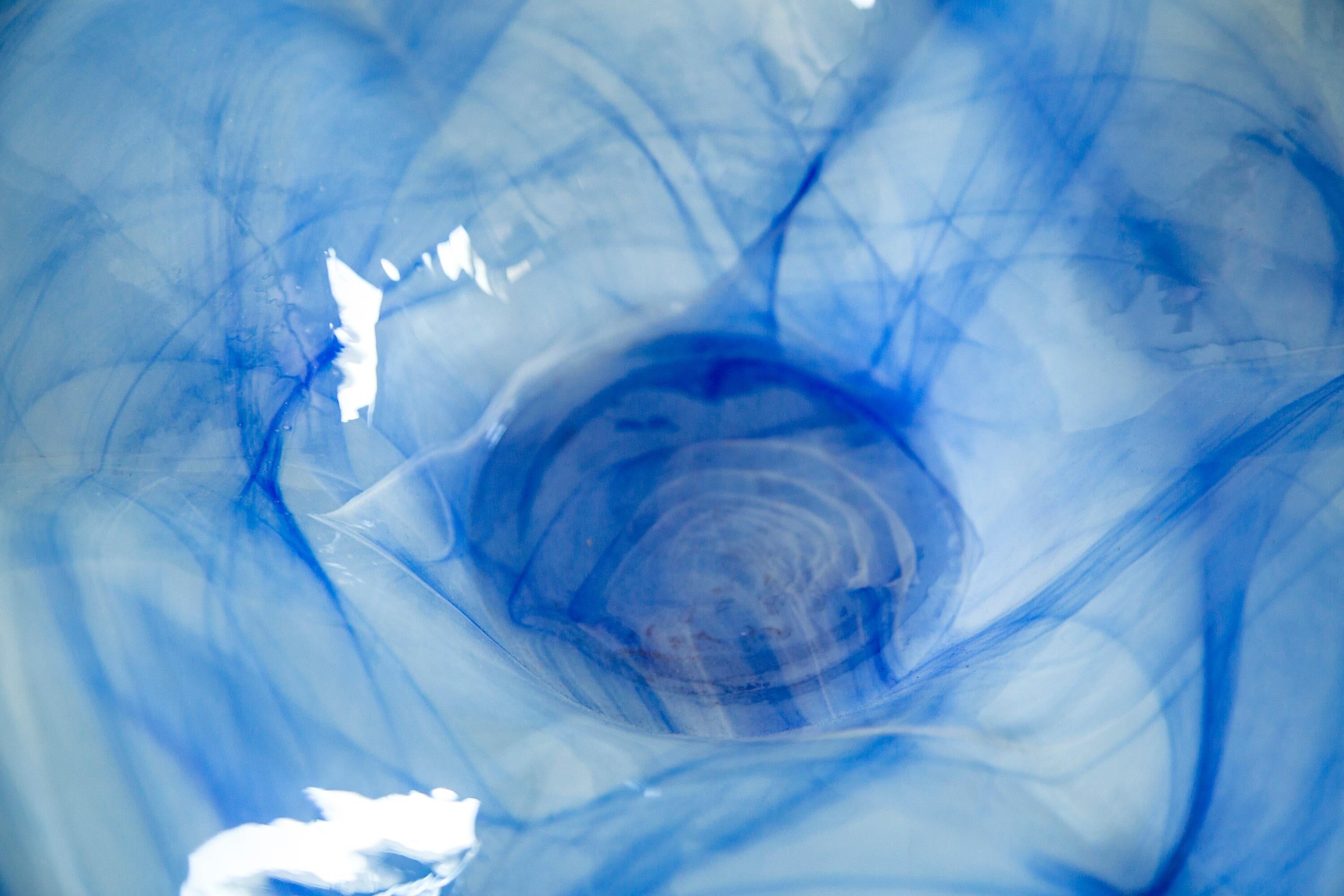 Large white and blue bowl in Murano glass, mid-century style, Italy, 2000s.