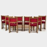 Set of eight oak barley twist dining chairs in red velvet, 19th century