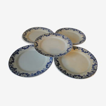 lot 5 assiettes plates U et Cie Sarreguemines modèle VICHY motif trèfle bleus sur fond blanc