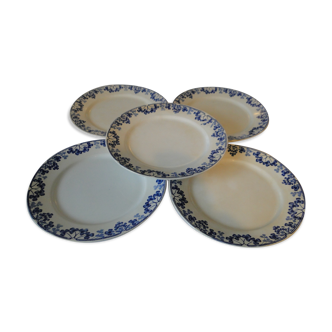 lot 5 assiettes plates U et Cie Sarreguemines modèle VICHY motif trèfle bleus sur fond blanc