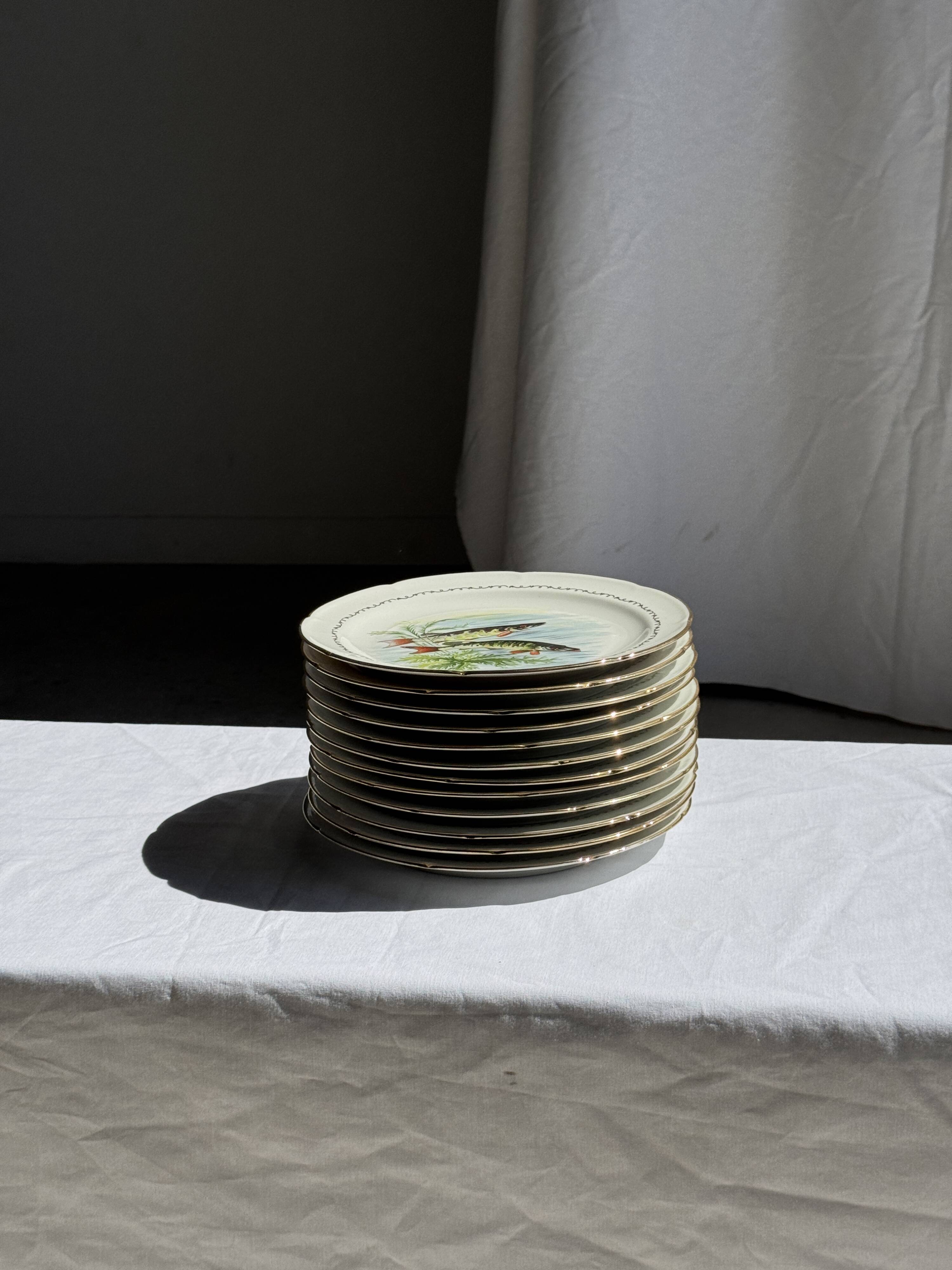 Set of 6 vintage Limoges porcelain plates with fish design.