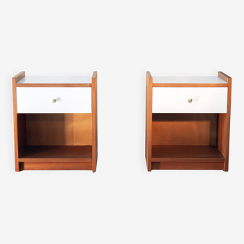 Pair of bedside tables, mahogany, white laminate and brass, 1970