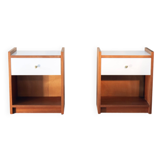 Pair of bedside tables, mahogany, white laminate and brass, 1970