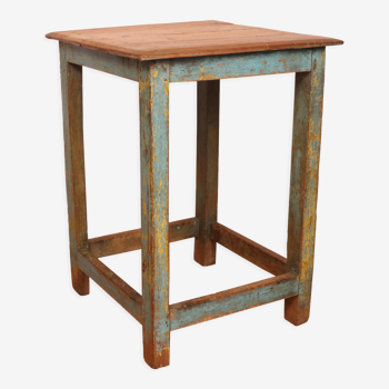 Ancien tabouret d'atelier en teck birman patine bleue-jaune d'origine