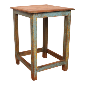 Old Burmese teak workshop stool original blue-yellow patina