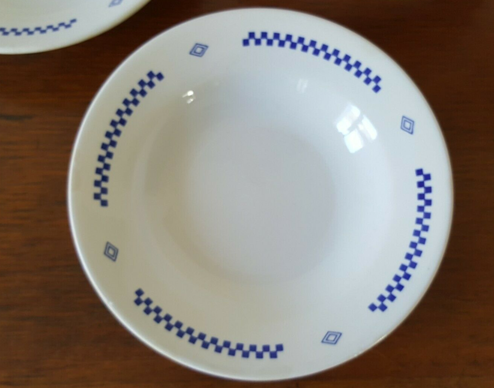 Hollow plates in earthenware Lustucru décor vintage checkerboard blue tiles