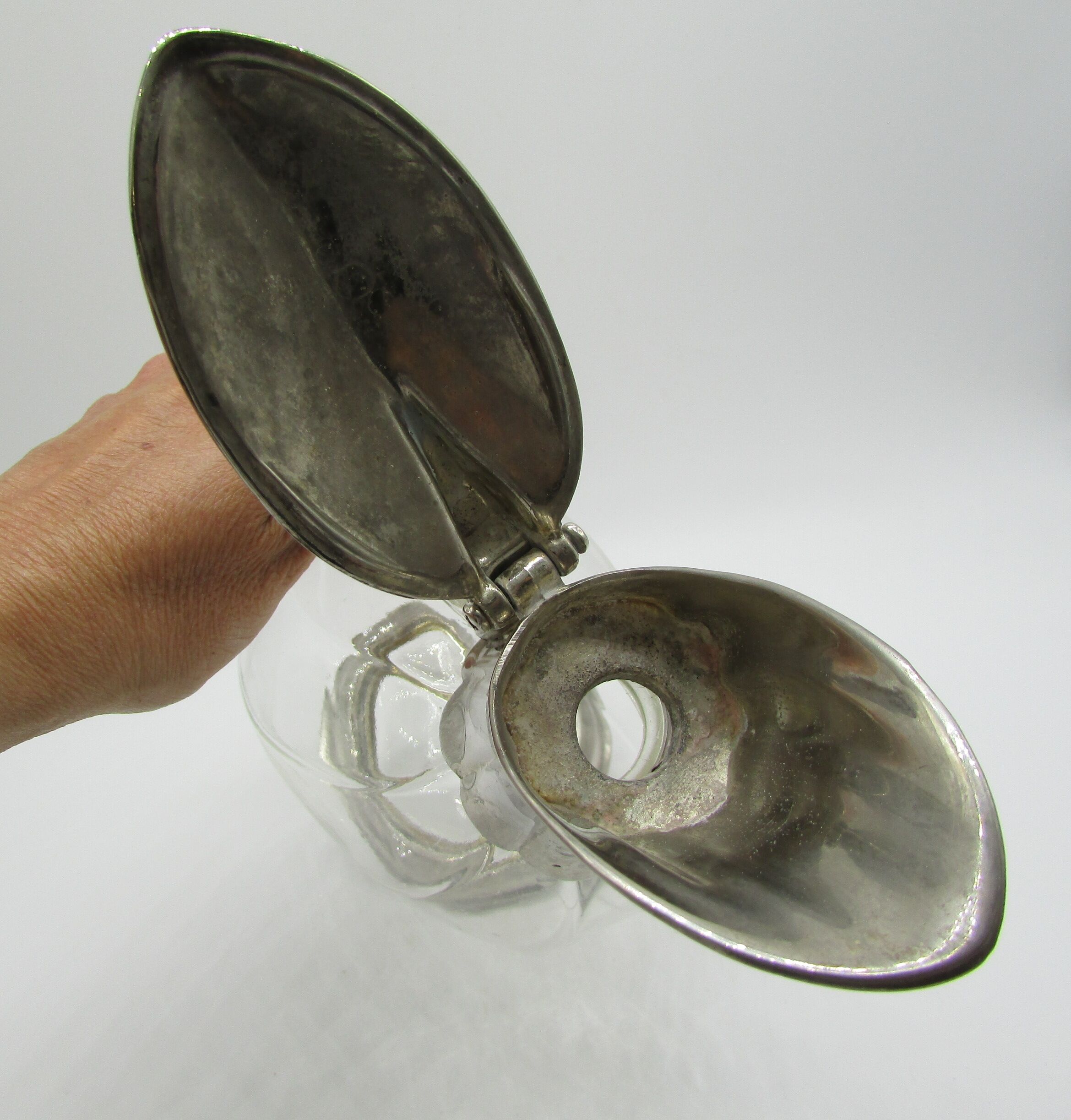 Decanter carafe glass and silver metal duck shape