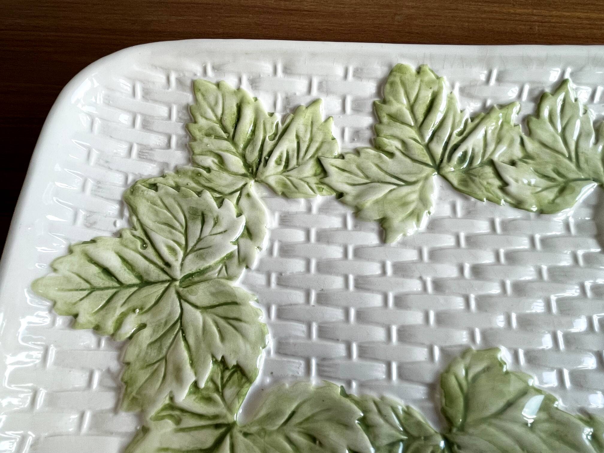 French Barbotine Majolica Serving Platter with Vine Leaf and Basket Weave Motif
