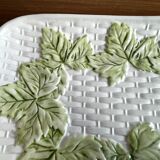 French Barbotine Majolica Serving Platter with Vine Leaf and Basket Weave Motif