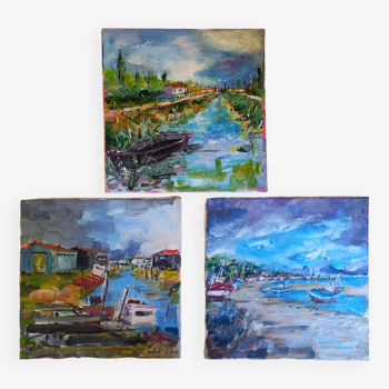 3 petits tableaux, huiles sur toile de Jacques Wallart, paysages de bassin ostréicole et plage.