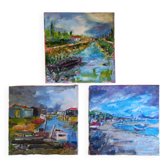 3 petits tableaux, huiles sur toile de Jacques Wallart, paysages de bassin ostréicole et plage.