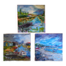 3 small paintings, oils on canvas by Jacques Wallart, landscapes of an oyster pond and beach.