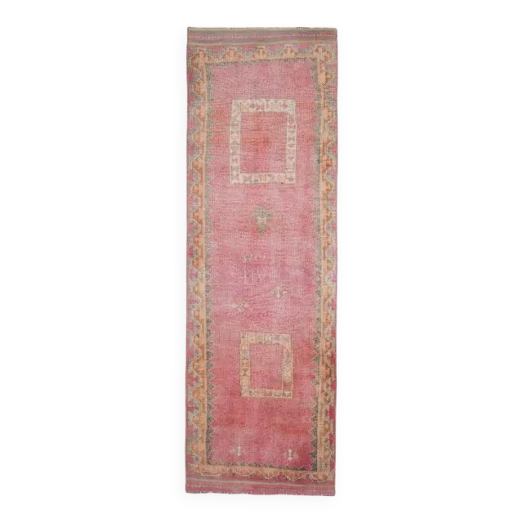 1970s Vintage Turkish Hand-Knotted Wool Cotton Pink Runner Rug 110x361