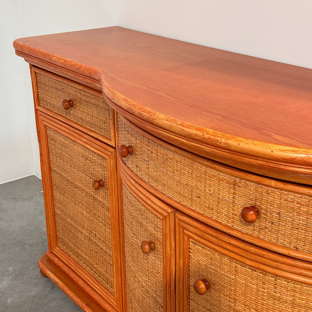 Vintage rattan & wood orange curved sideboard, 1980s