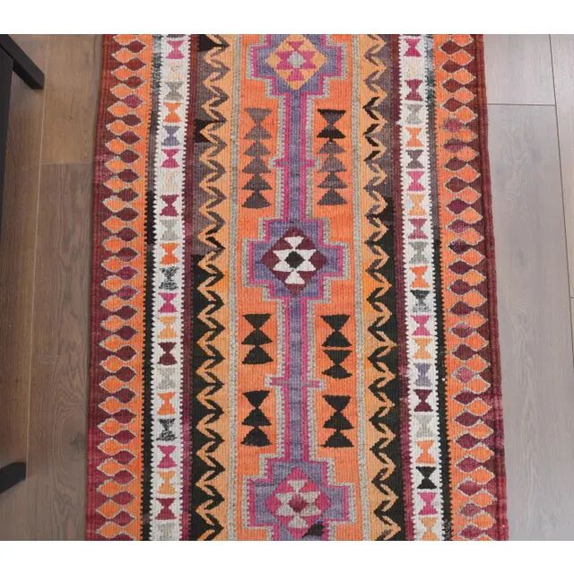 1970s Vintage Turkish Hand-Knotted Wool Cotton Orange Runner Rug 86x326