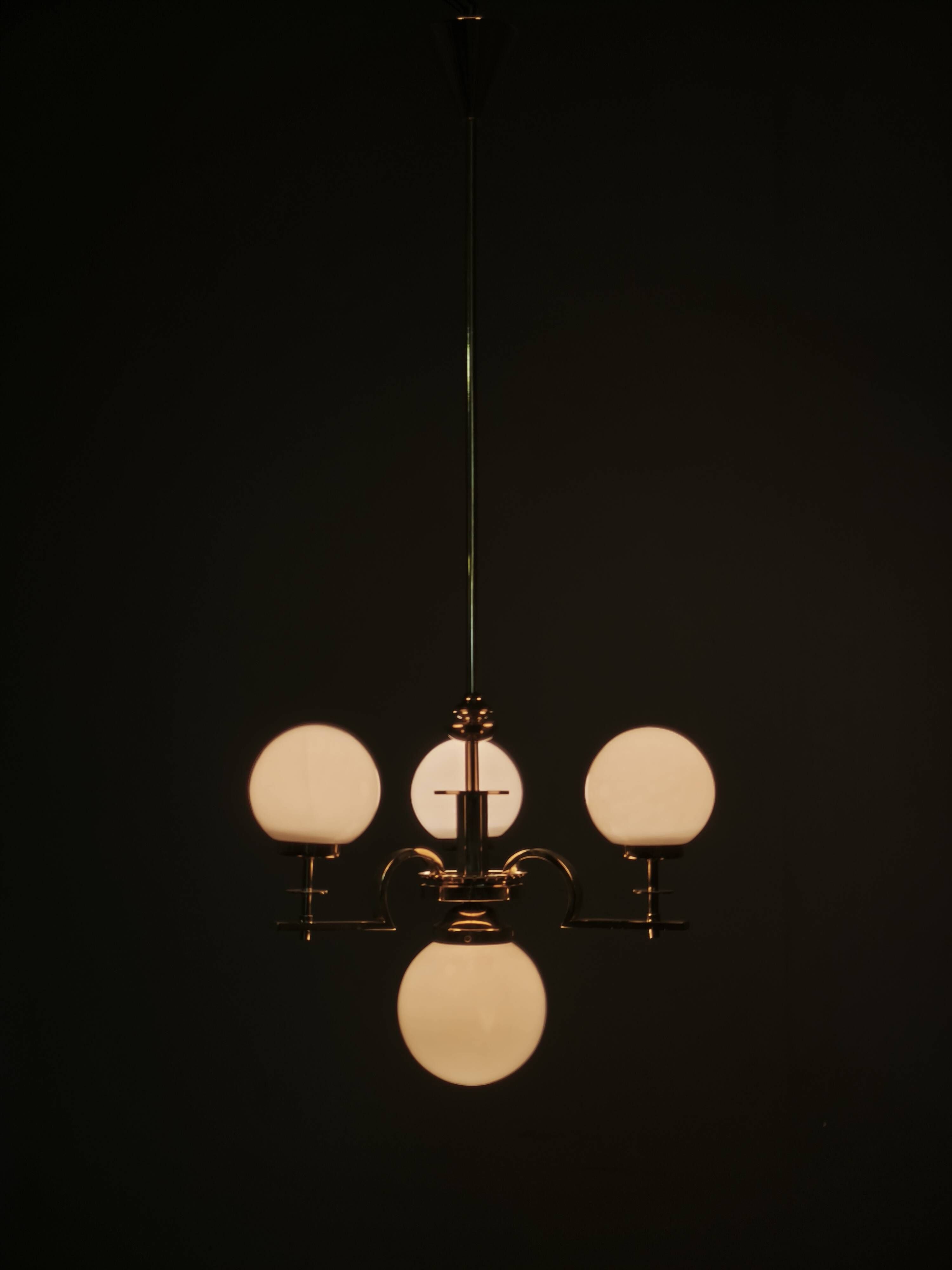 1930s Art Deco Brass and Opaline Glass Globe Chandelier, Czechoslovakia
