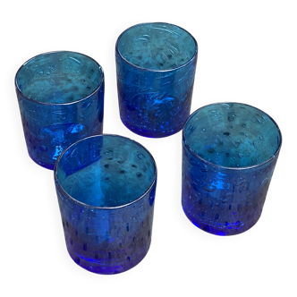 4 verres a whisky en verre soufflé bleu cobalt vintage