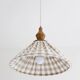 "Olga" pleated pendant light in beige checked fabric and turned wood finish