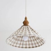 "Olga" pleated pendant light in beige checked fabric and turned wood finish