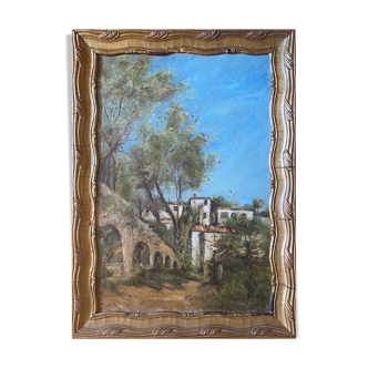 Painting Provencal school "Animated landscape" signed Jane Colat XIX ° century + frame