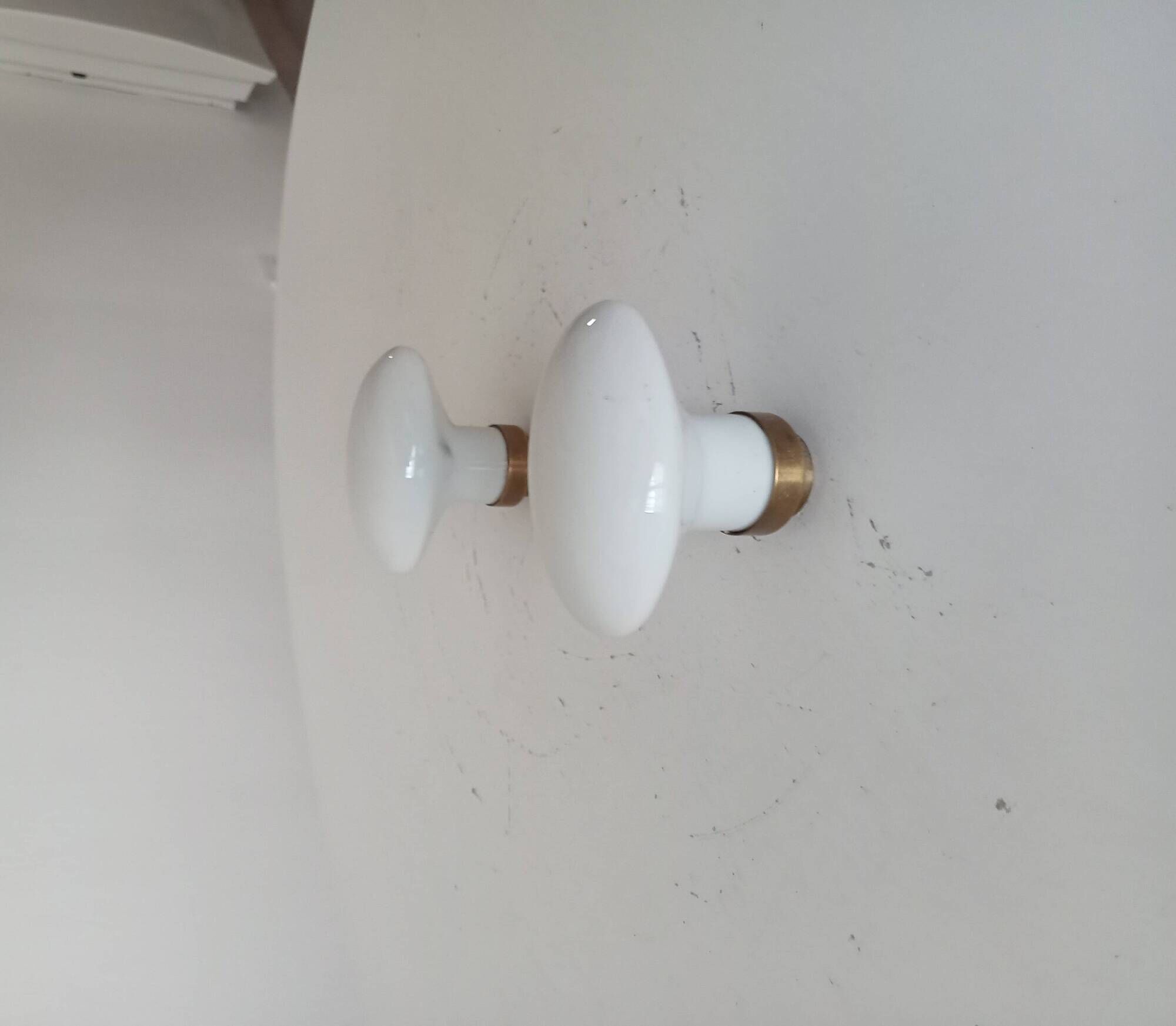 Pair of vintage door handles in porcelain and brass.