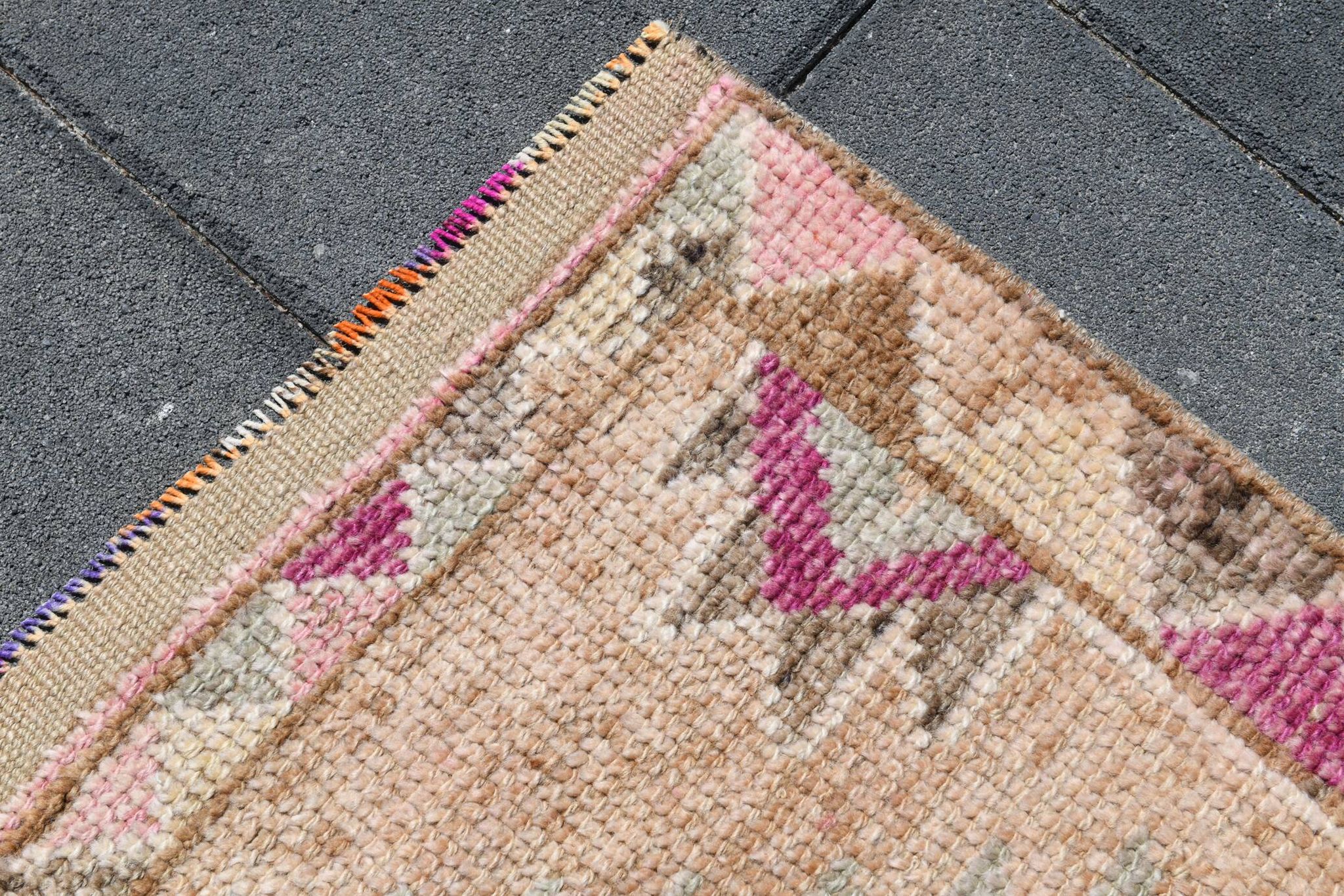 Fuchsia & Pink Vintage Runner Rug,Anatolian Geometric Wool Carpet,80x364 Cm