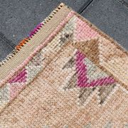 Fuchsia & Pink Vintage Runner Rug,Anatolian Geometric Wool Carpet,80x364 Cm