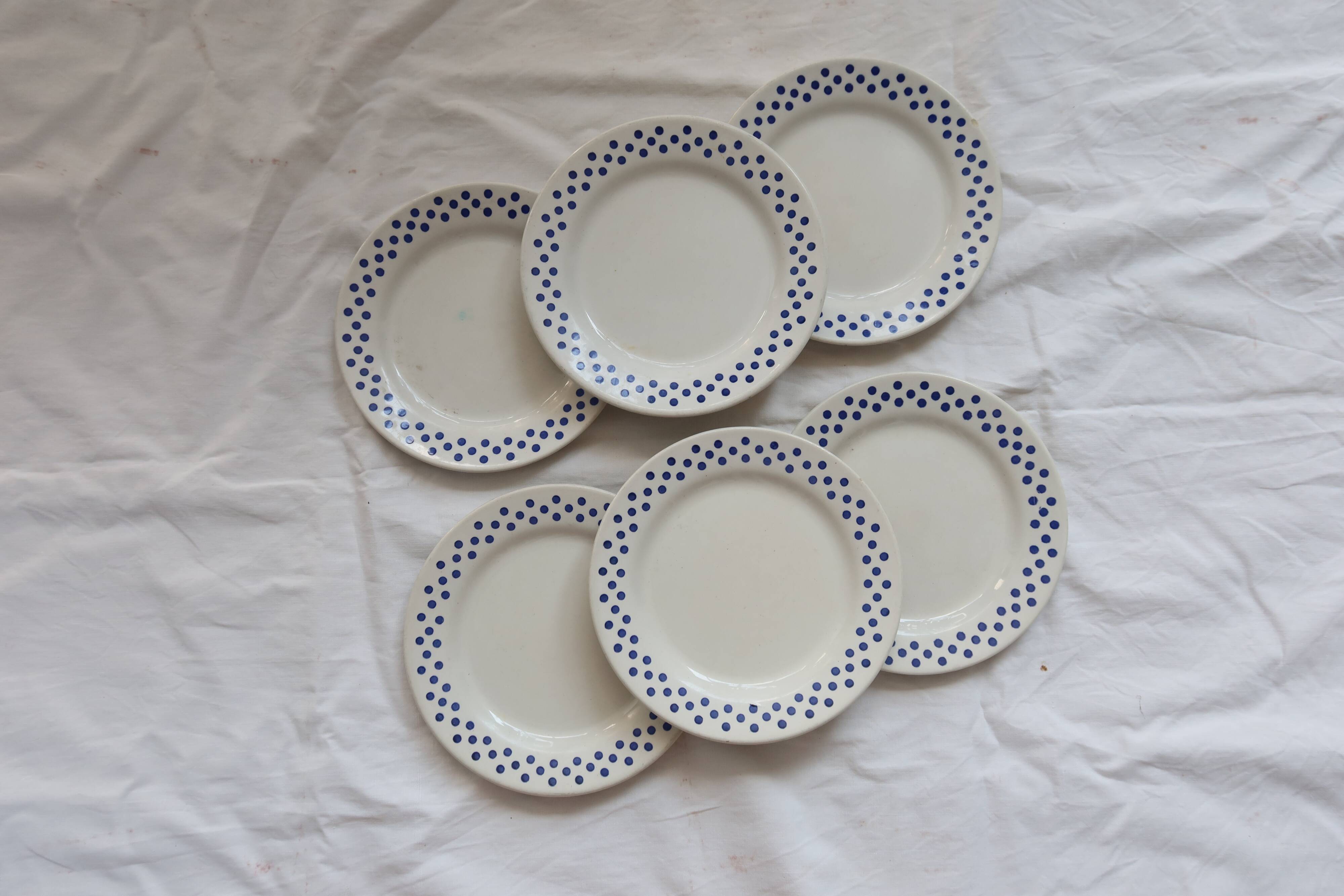 6 Vintage Oxford Earthenware Dessert Plates - Blue Polka Dot Pattern