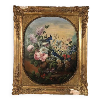 19th century school, “Birds’ nest and flowers”. Oil on framed canvas