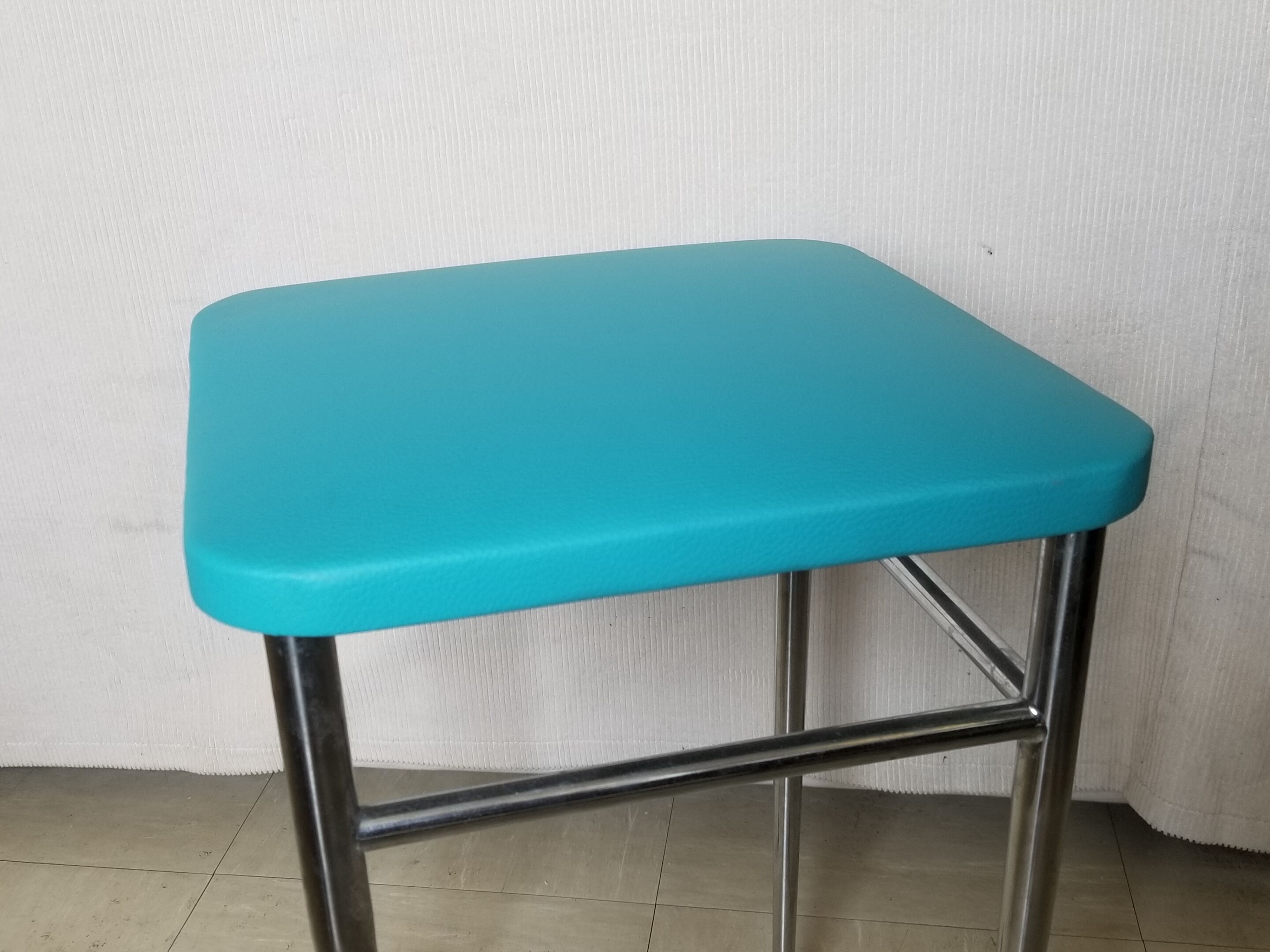 Vintage chromed stool in turquoise blue skai