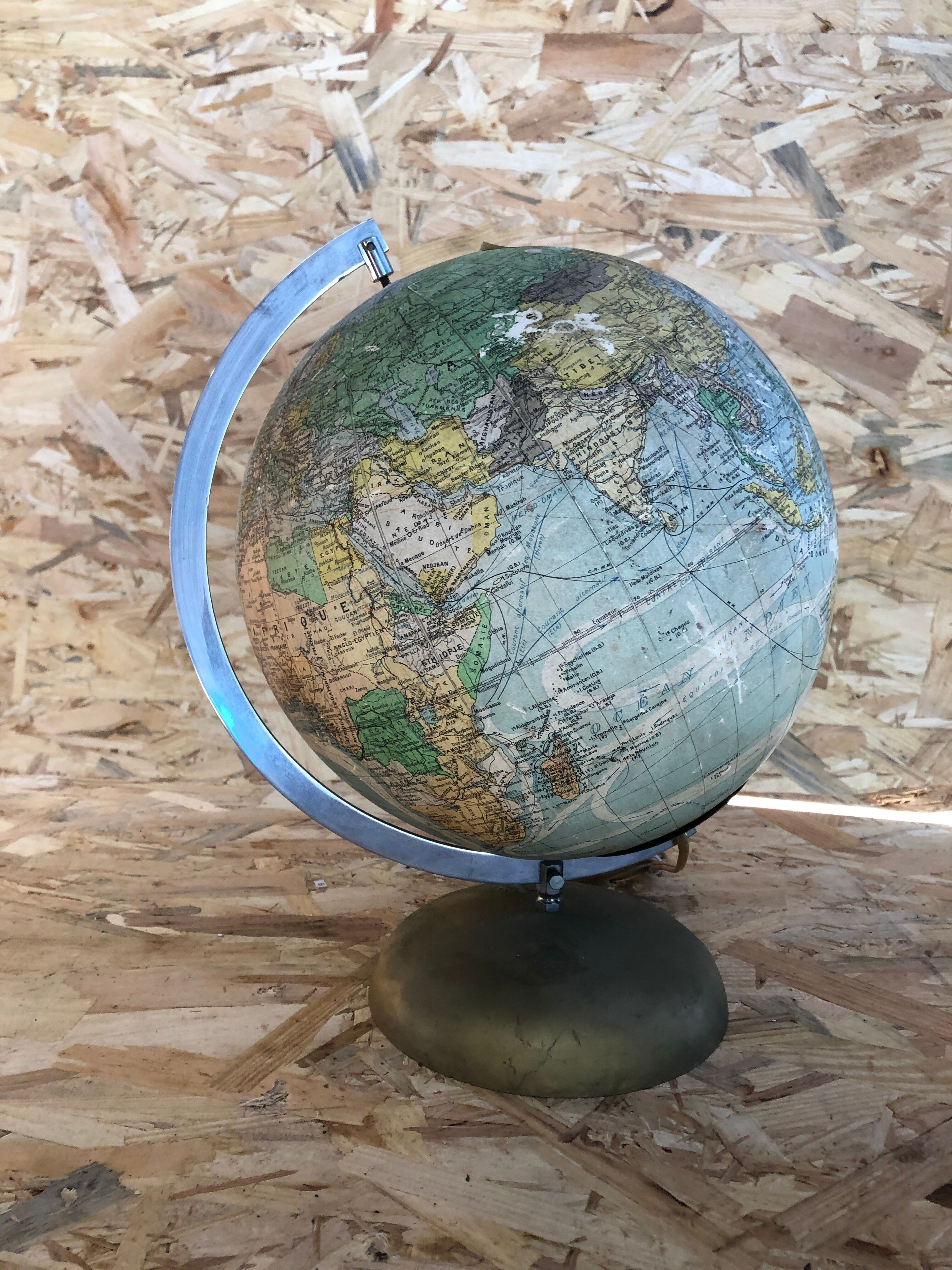 Old terrestrial globe world map perrina paris glass vintage metal foot