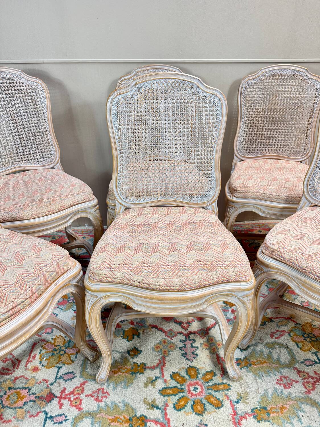 Set of six Louis XV style lacquered wood caned chairs