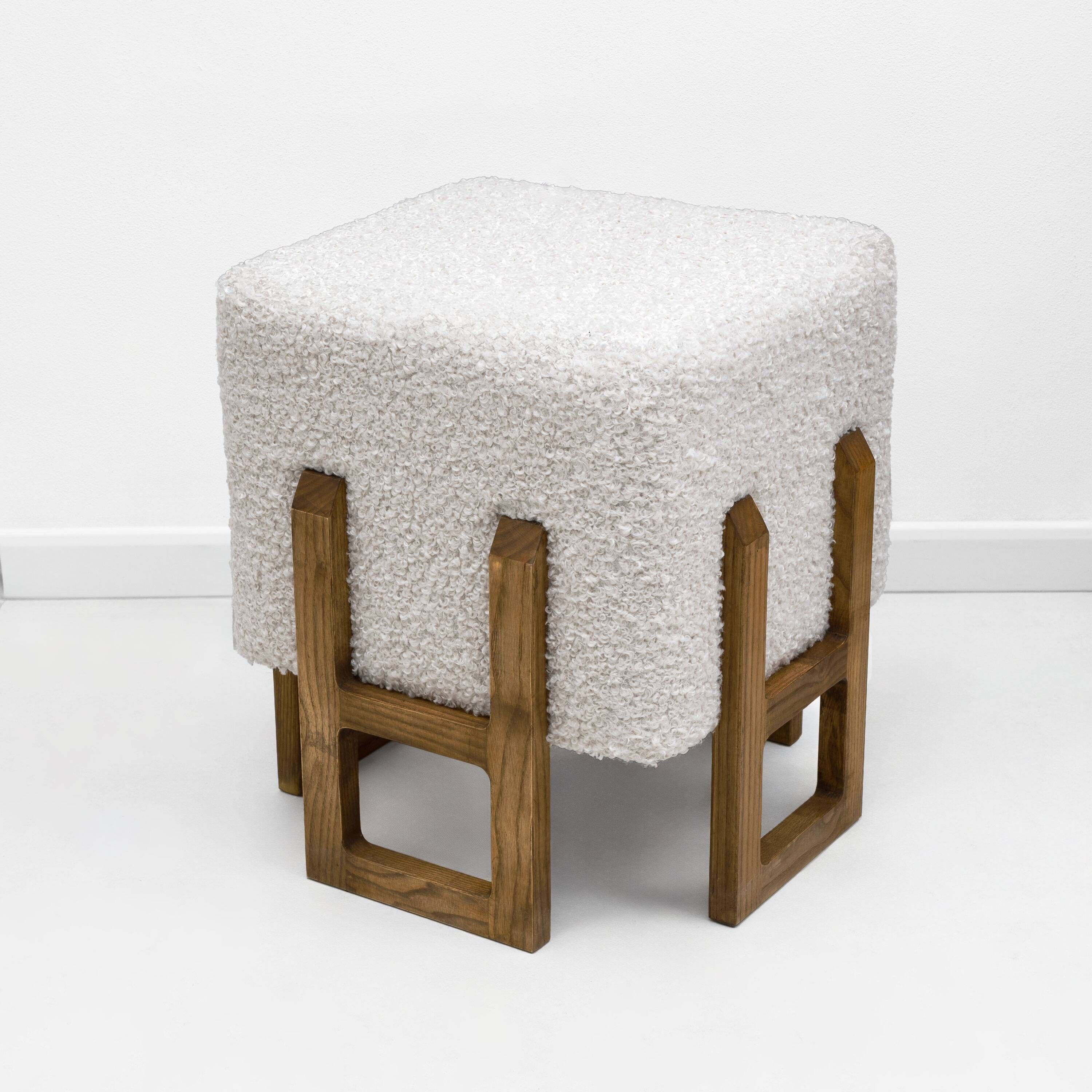 Pair of Italian Modernist Ash Wood Stools Upholstered in White Bouclé