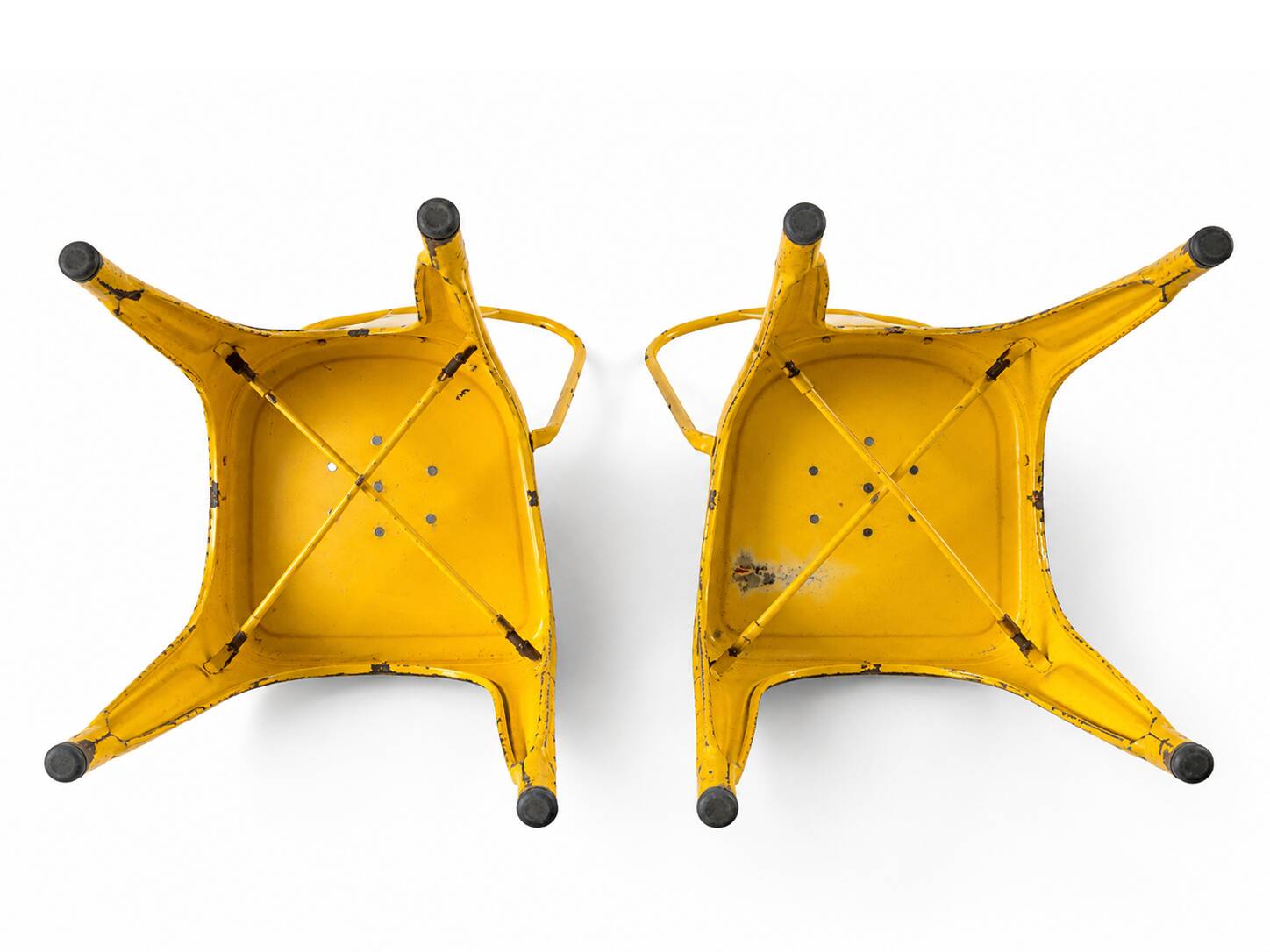 Set of 4 Tolix chairs, 2 yellow, 2 blue. 1960s edition.