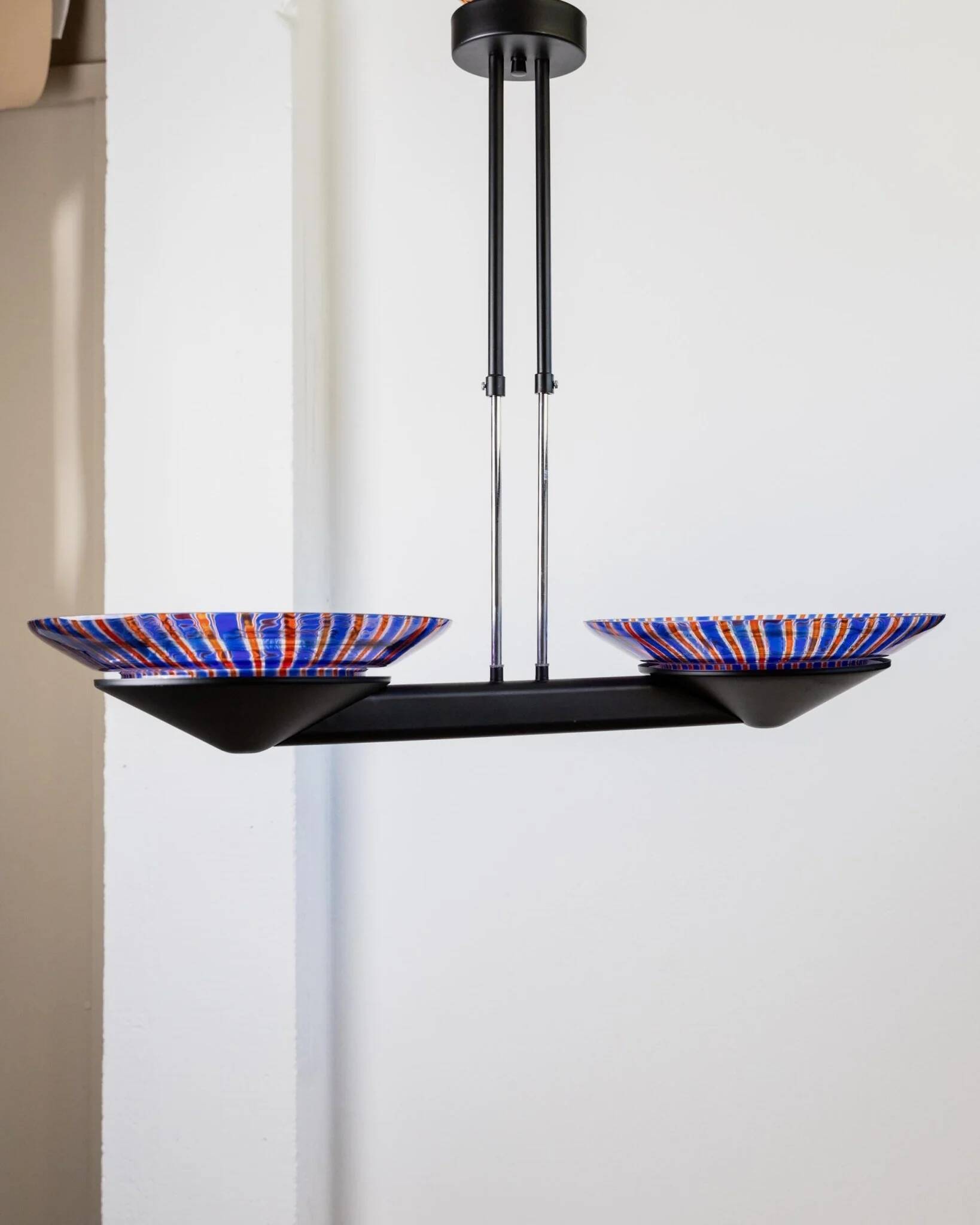 XXL vintage Murano glass chandelier - blue and red striped glass, black metal - Italy, Memphis style, 1980s