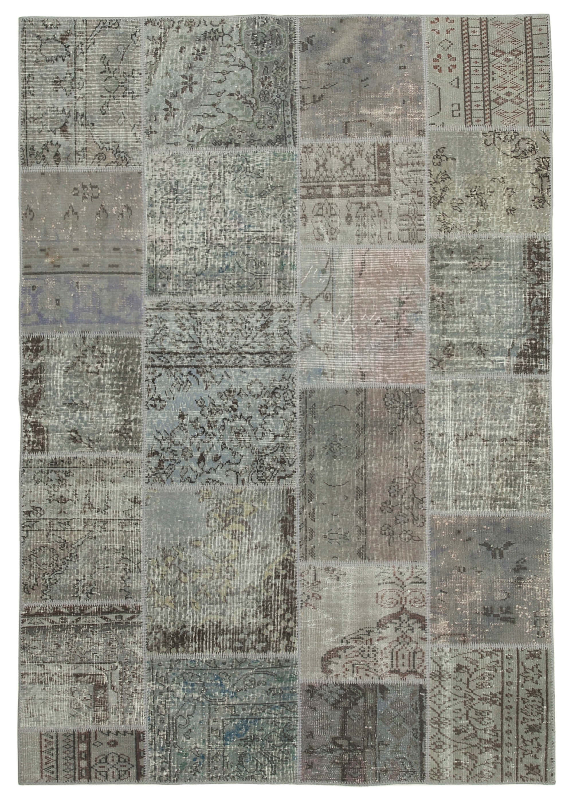 Hand-knotted turkish vintage 172 cm x 245 cm grey patchwork carpet