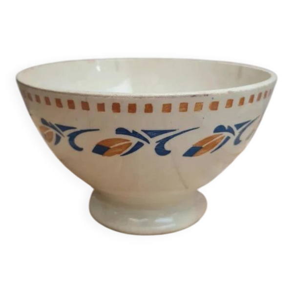 Bol ancien en terre de fer décor bleu et ocre vintage