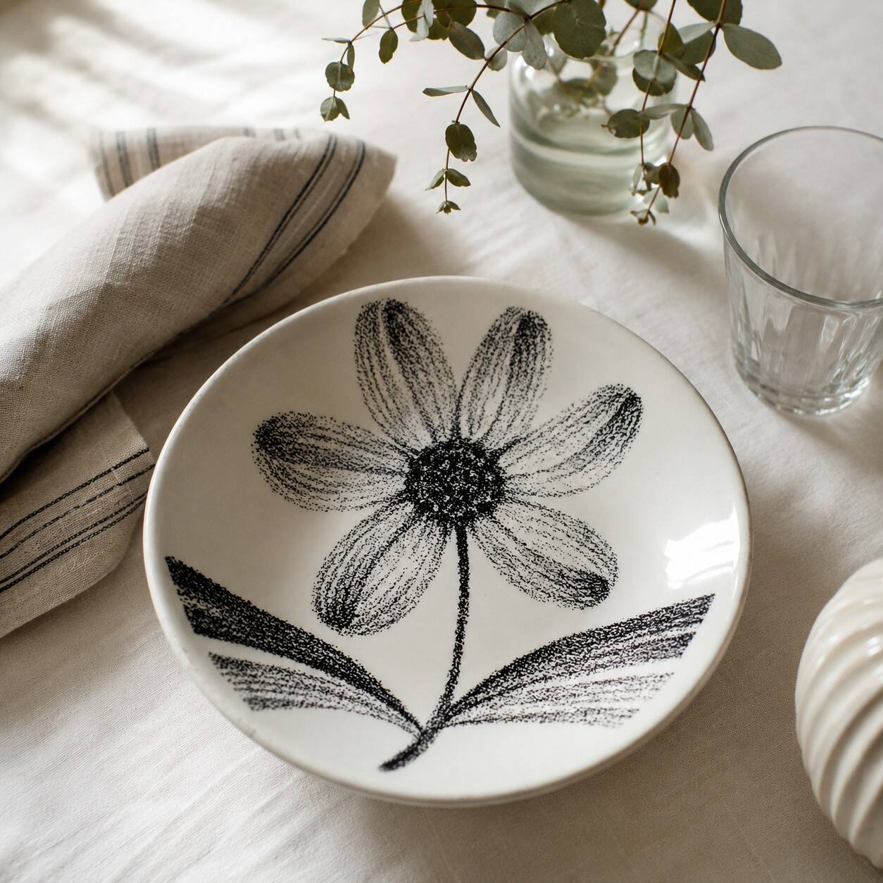 Graphic flower black & white deep plate Gien