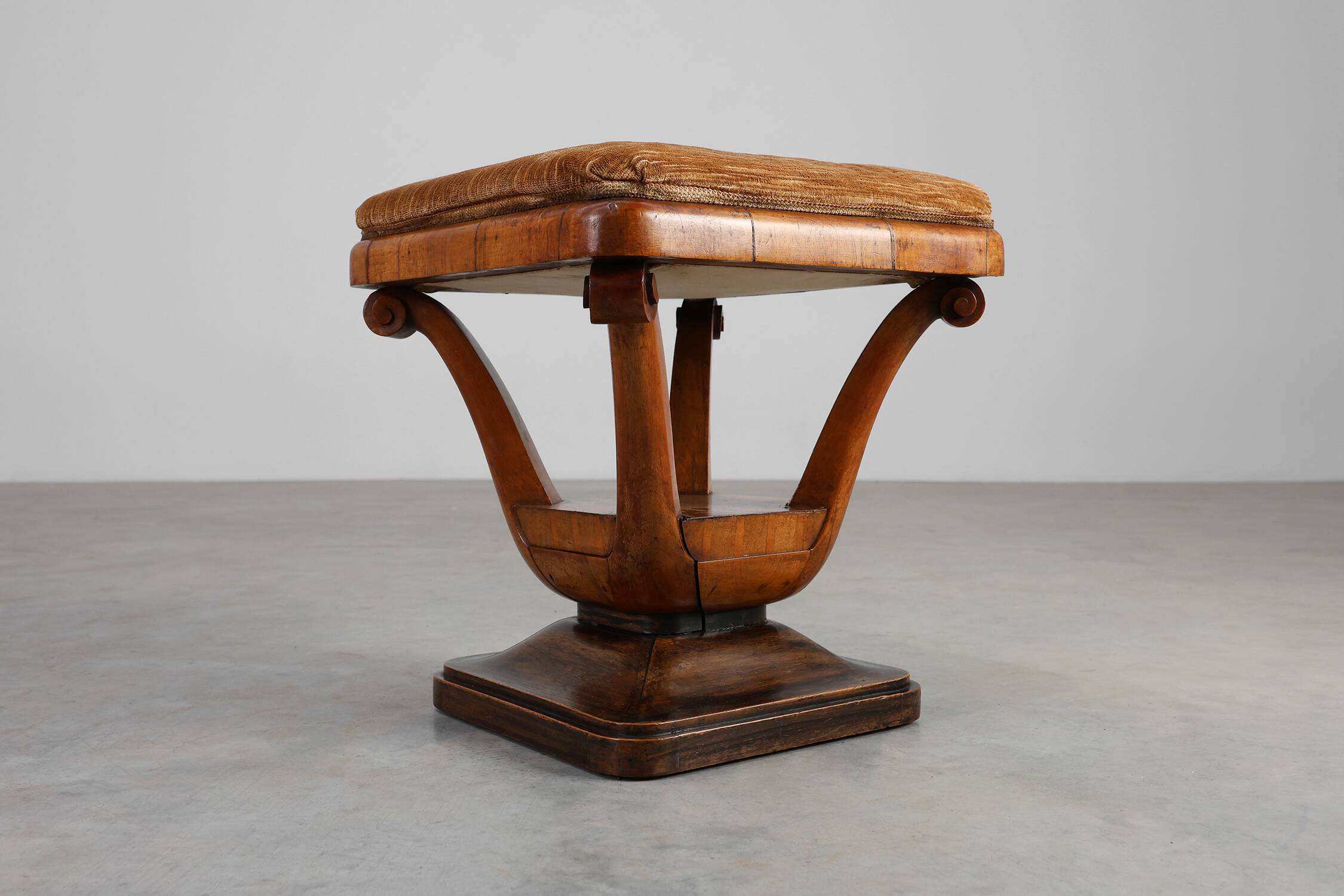Art Deco Walnut Stool with Original Fabric, Italy, 1920