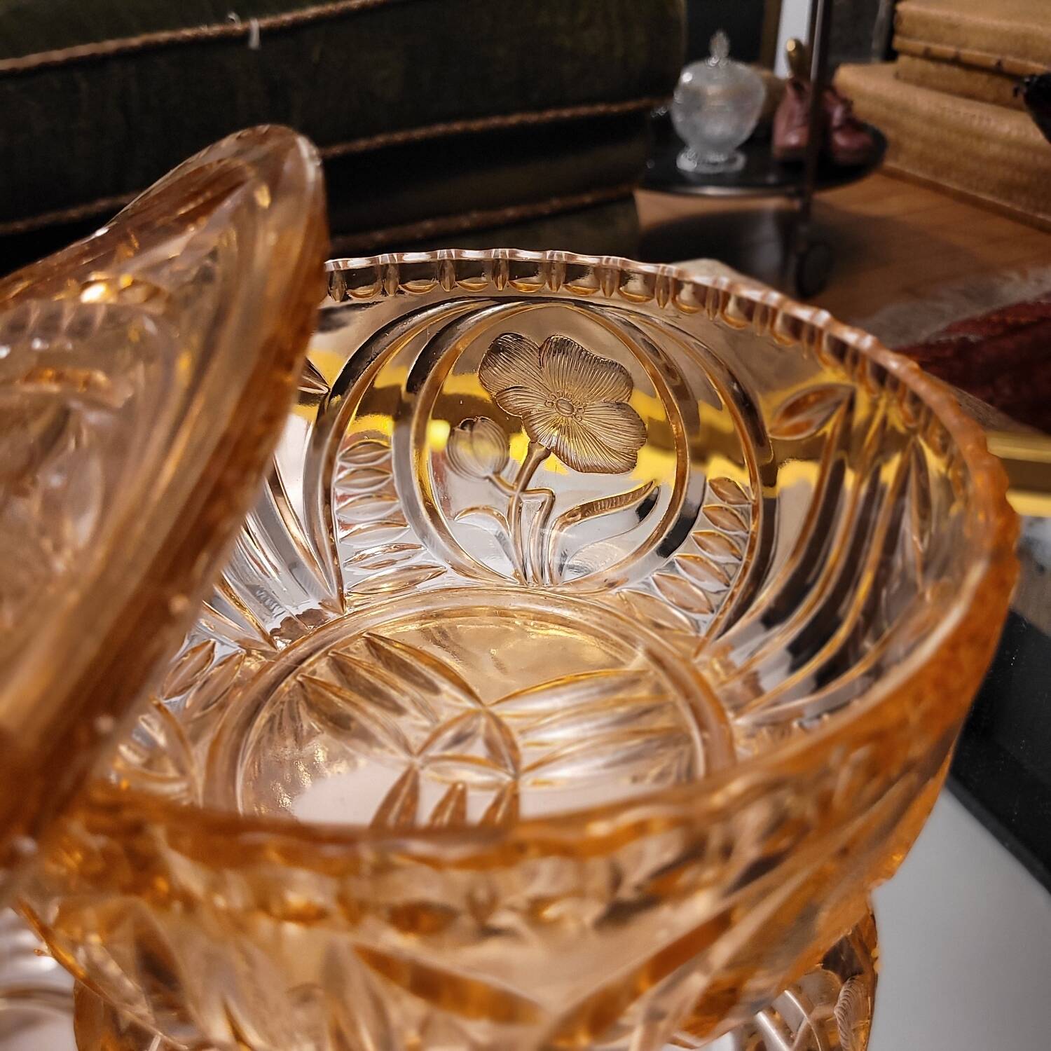 Cut amber glass candy dish – France, 1950s