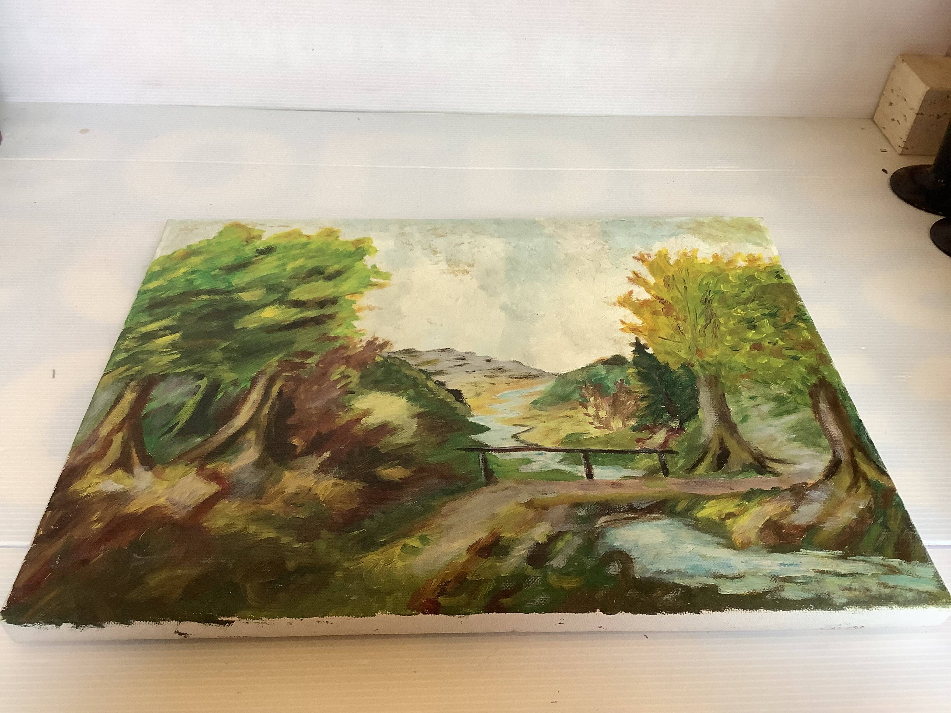 Landscape painting with a small bridge, oil on canvas.