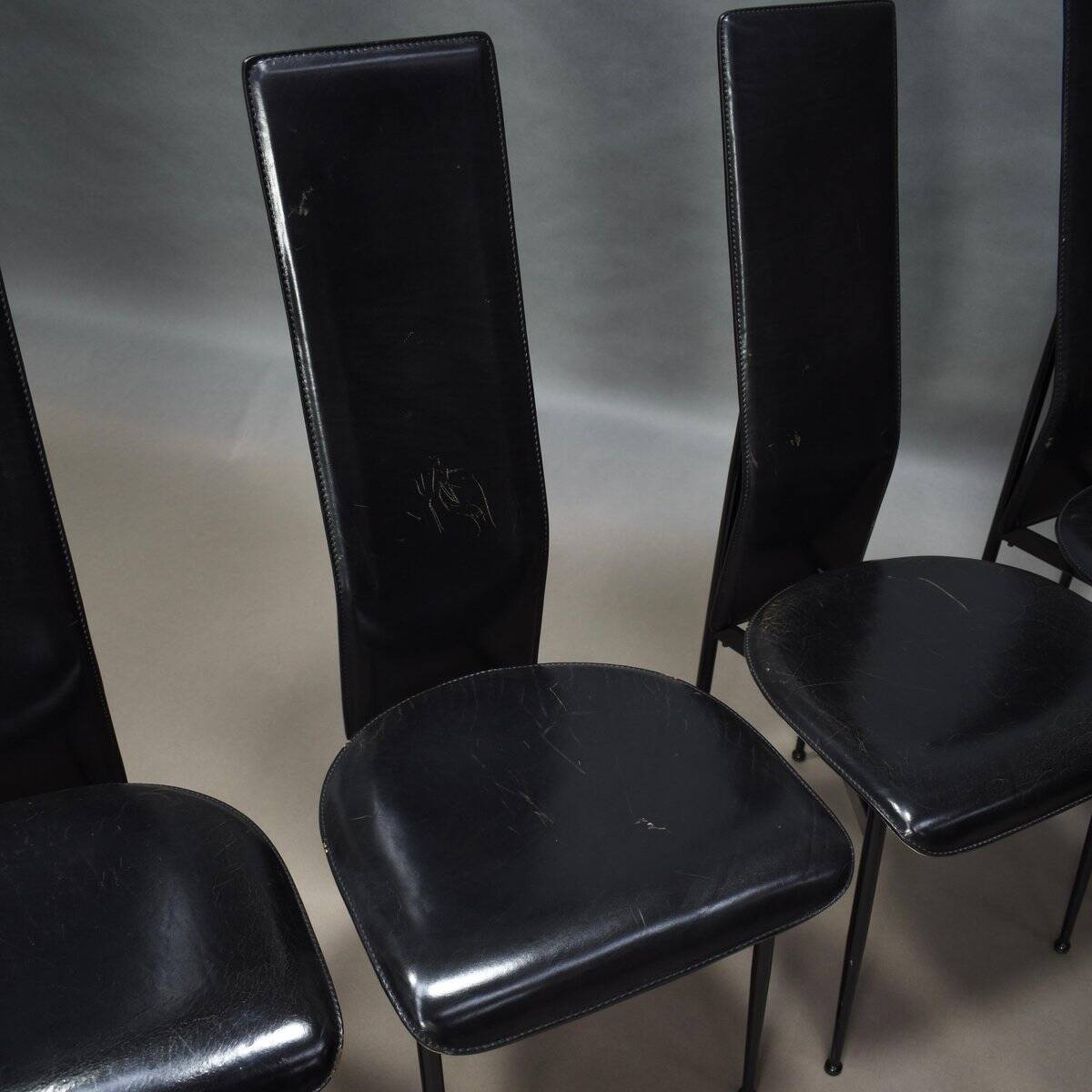 Chaises de salle à manger en cuir noir par Giancarlo Vegni et Gualtierotti pour Fasem, Italie, années 1980, ensemble de 6.