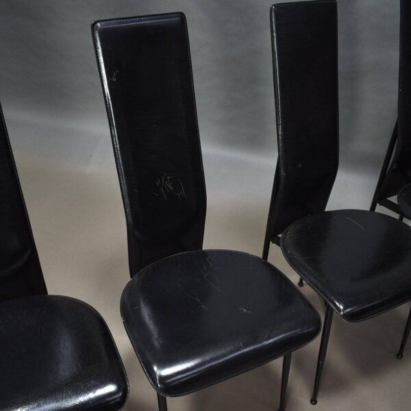 Chaises de salle à manger en cuir noir par Giancarlo Vegni et Gualtierotti pour Fasem, Italie, années 1980, ensemble de 6.
