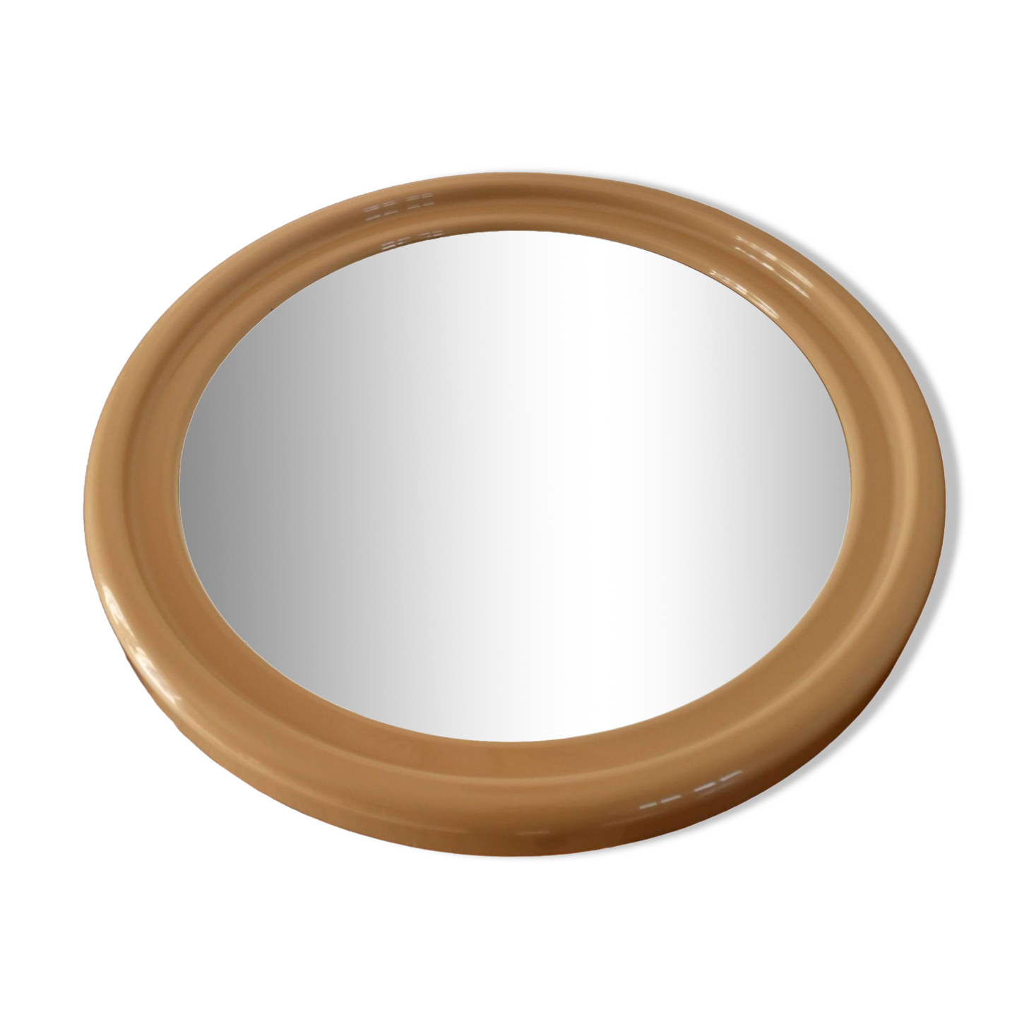 Large round mirror in pink beige plastic from the 70s